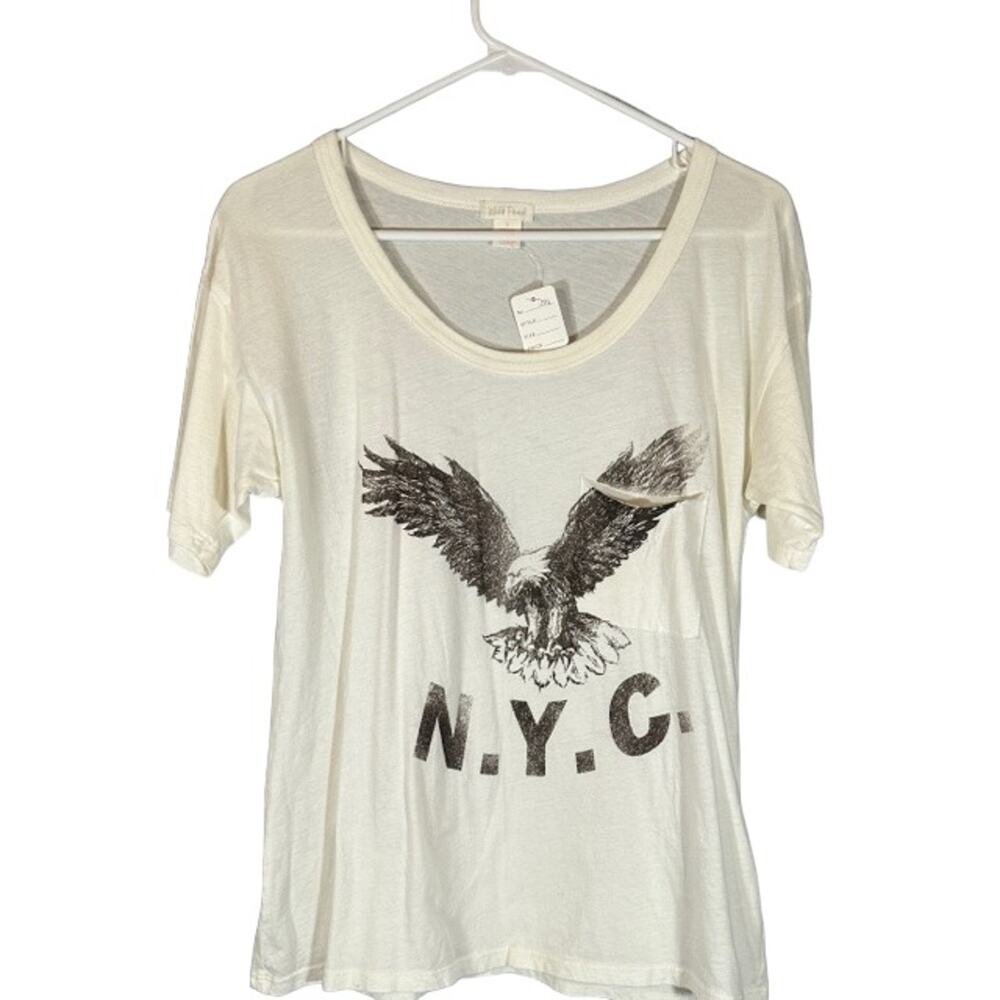 Wild Pearl Women’s White Cotton Eagle NYC Graphic Pocket TShirt Size Small